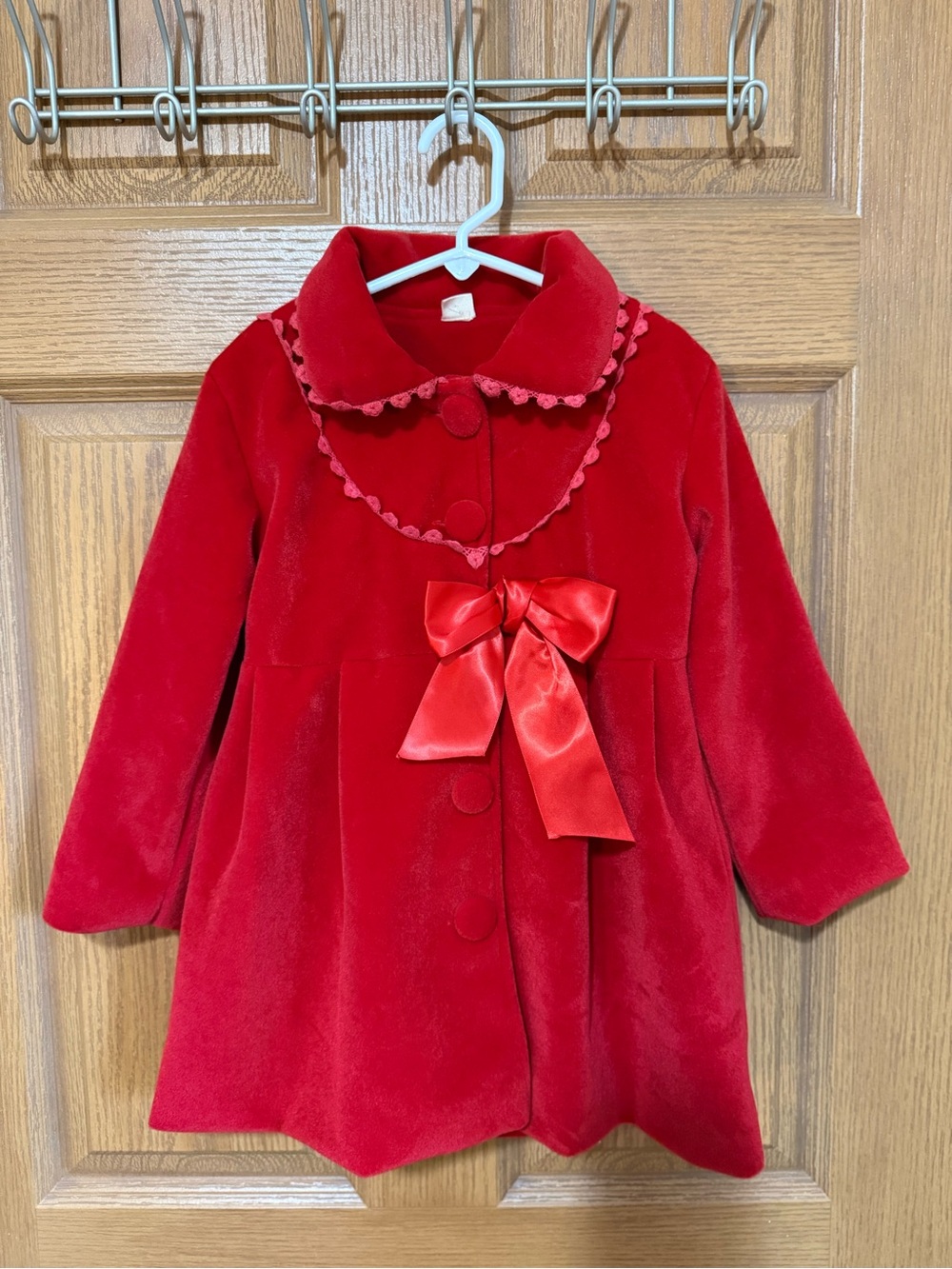 Vintage Girls Red Velvet Christmas Coat Size 110 4-5 Satin Bow Peter Pan